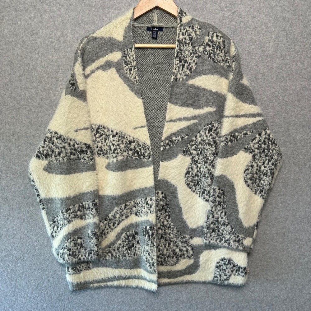 Hatley Womens Grey Cream‎ Abstract Eyelash Knit Open Front Cardigan Sweater L